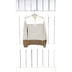 Karen Scott ivory tan striped chunky knit pullover zipper sweater